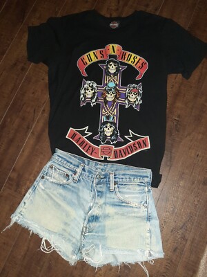 VINTAGE HARLEY DAVIDSON x GUNS N ROSES 2 SIDED Tee Shirt BACK HIT