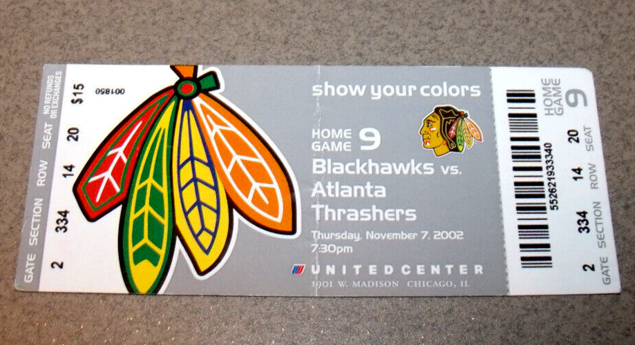 Chicago Blackhawks 11/7/2002 Ticket Stub vs Atlanta Thrashers Thibault ...