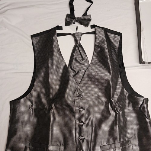 Pronto Uomo Vest Waistcoat Mens Lg Black Silver Geometric Neck Tie and Bow Tie - Picture 9 of 11