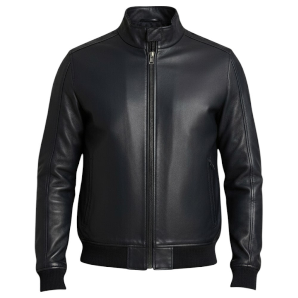 Chaqueta De Hombre Bomber Azul De Cuero Sintético Con Cuello Tipo Polo MK24005