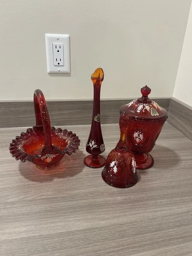 Vintage Fenton Ruby Red Basket, Candy Dish W/ Lid, Bell & Vase All Hand Painted