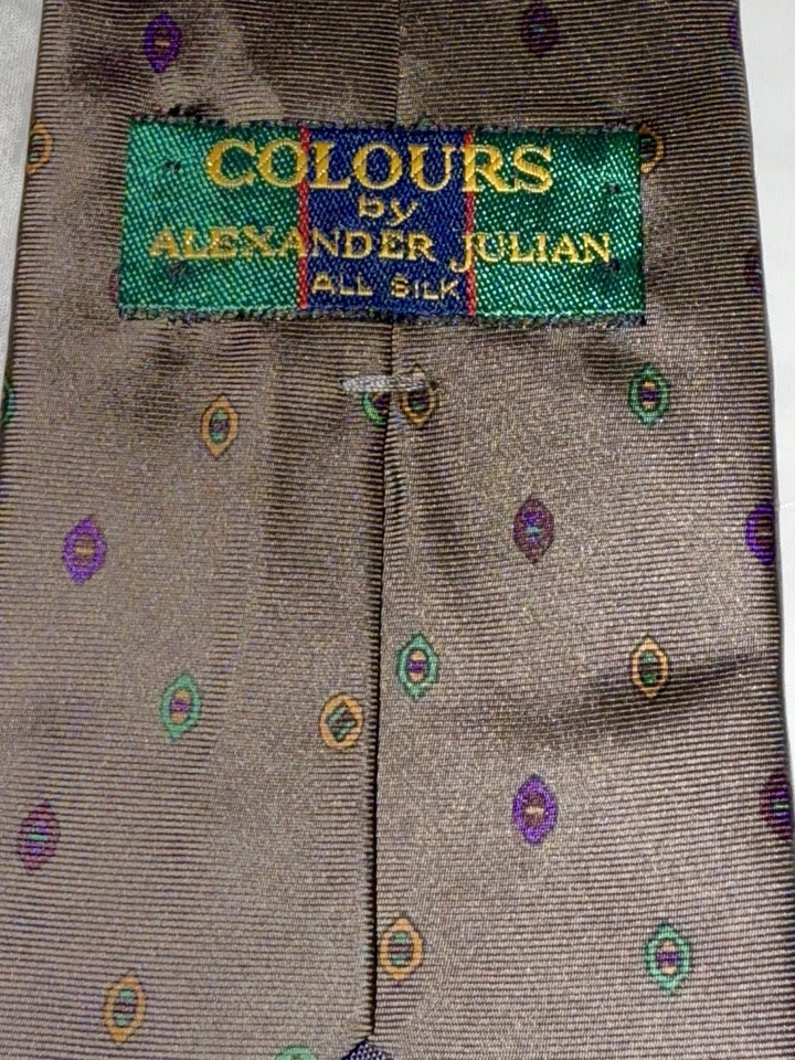 Corbata de seda vintage colores de Alexander Julian marrón geométrica púrpura verde dorado Foto 4 de 4