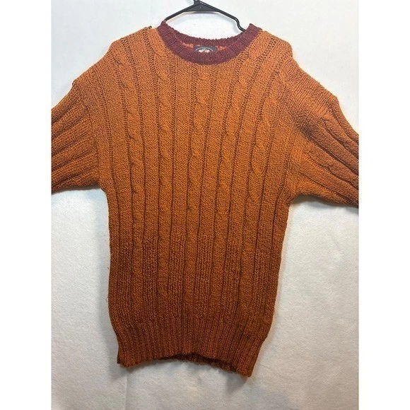 Vintage Hand-Knit Cable Knit Sweater Orange & Red Unisex Size L 100%wool