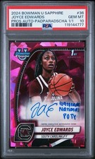 2024-25 Bowman Chrome U Sapphire Joyce Edwards 1st Auto Padparadscha 1/1 PSA 10