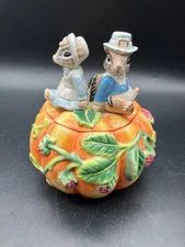 Fitz and Floyd It’s Harvest Time Pilgrim Chipmunk Couple Lidded Trinket Bowl