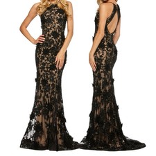 Sherri Hill Size: 2 Sleveless Floral Lace Fitted Gown Nude Black 52778 $898 NEW