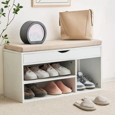 Shoe Bench, Entryway Storage Benches, White with Flip and Padded Cushion,Wooden