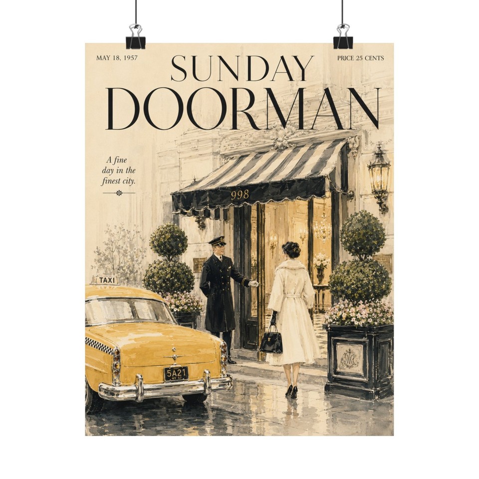 A mid-century hotel doorman poster with genuine graphic design pedigree — the kind of vintage New York art that makes a room feel like a Wes Anderson set.