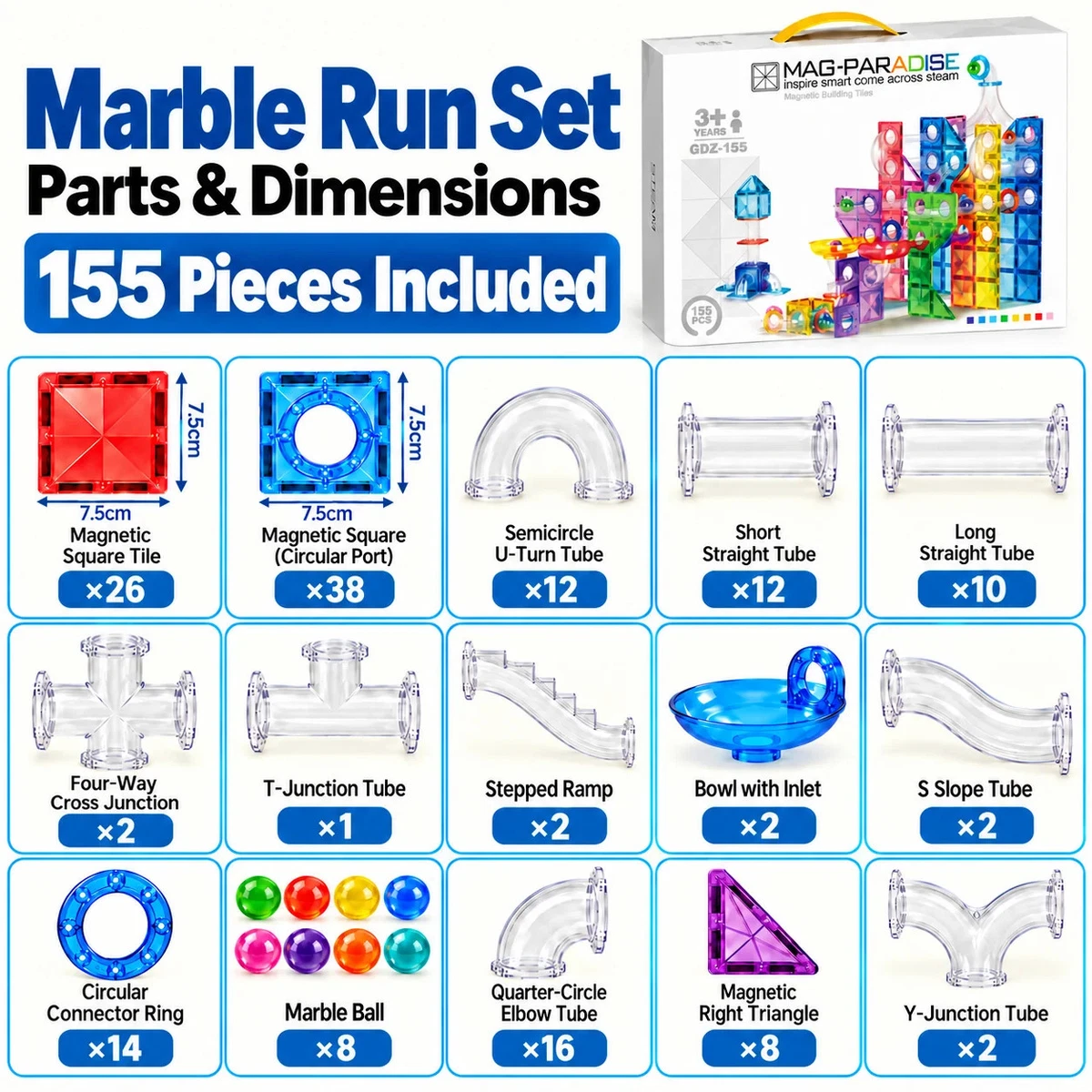 155PCS Magnetic Tiles Marble Run Construction Set Clear Tubes STEM Building Toy