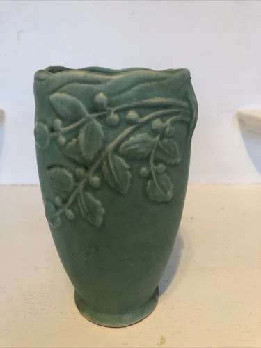 Vintage Brush Pottery 1937 Matt Green Glaze 6” Fancy Vase No. 523