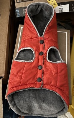 Red Quilted Dog Coat w/Hood   Fleece Lined   Small/Medium   Excellent Condition
