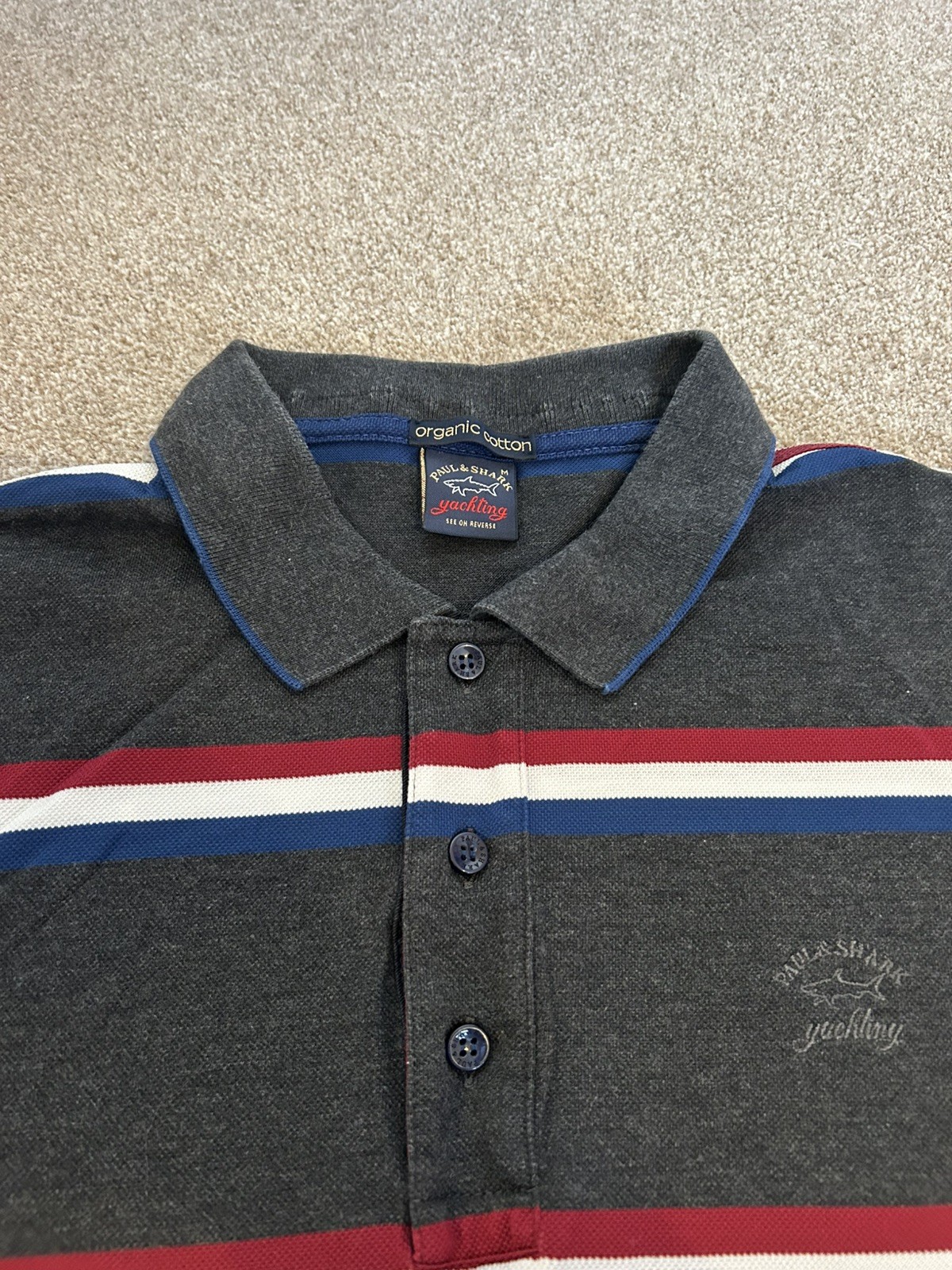 Paul & Shark Yachting Polo Shirt Rare Vintage Size Medium Black Grey Striped Y2K image 2