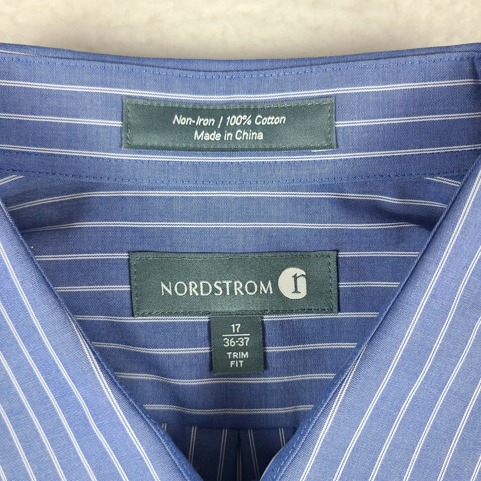 Camisa de vestir Nordstrom para hombre 17 36/37 azul a rayas ajuste sin planchar abotonada Foto 4 de 4