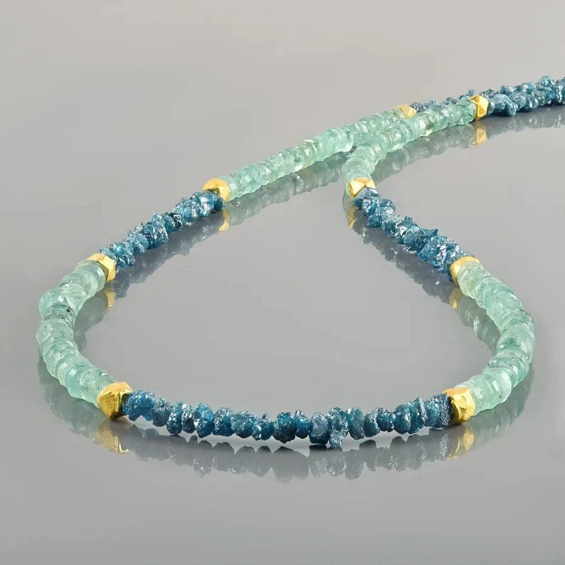 Handgefertigte Natur Blue Diamond & Emerald Nugget Beaded 925 Silberkette - Bild 1 von 4
