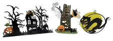 3 Halloween Metal Candle Tea Light Holders Haunted House Pumpkin Tree Black Cat