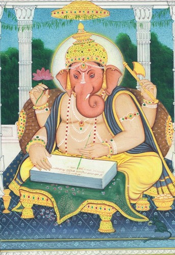 Religious Painting Of Lord Ganesha Writing Fine Art On Silk Cloth 9x11 Inches - Picture 3 of 6