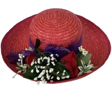 Red Hat Society Women's Straw Wide Brim Purple Band Floral Accent 15"