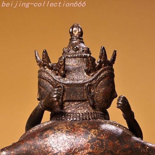 12" Old Tibet Bronze 3 Head 6 Arms Mahakala Buddha Ushnishavijaya Seat Statue - Picture 12 of 14