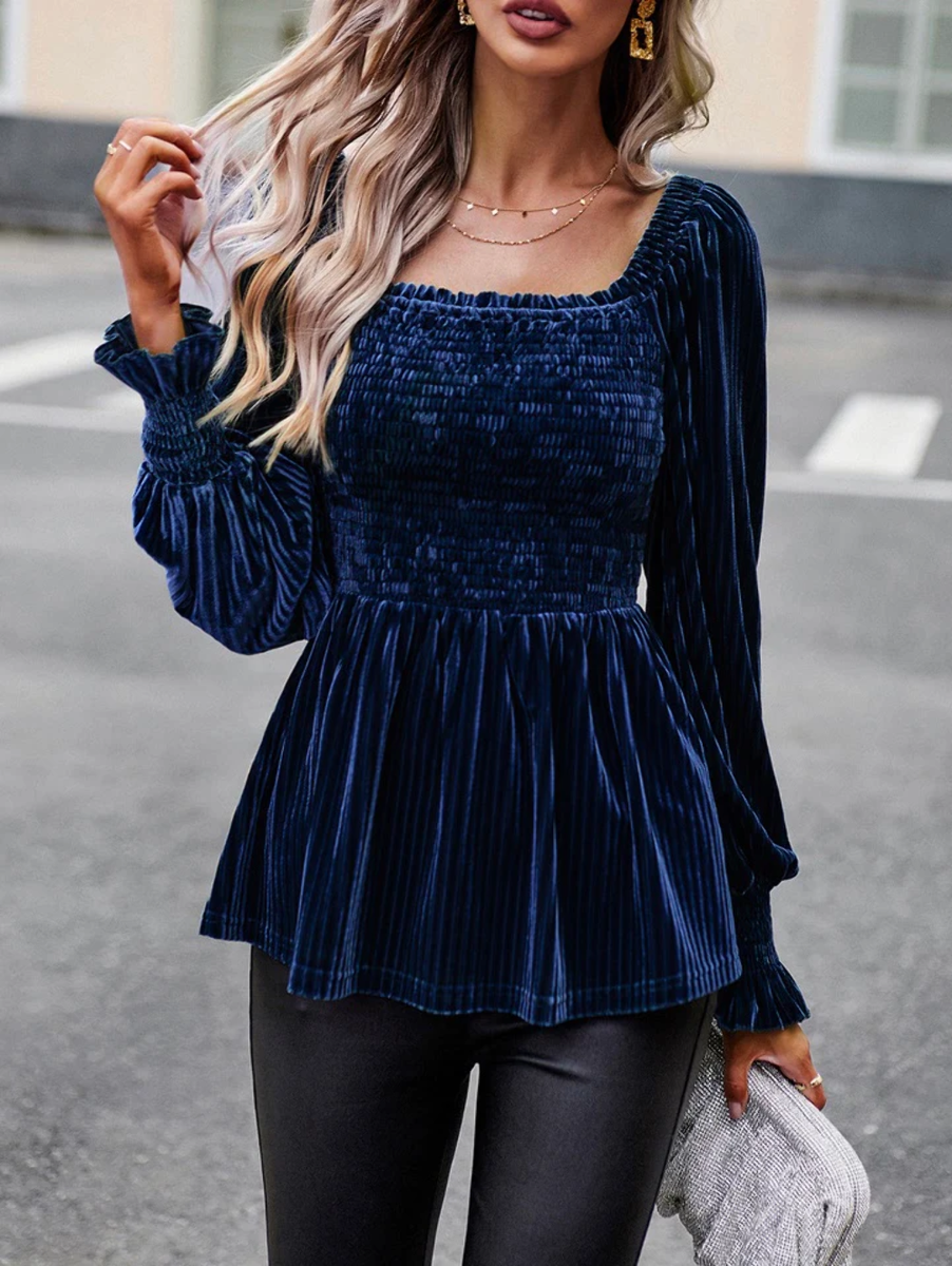 Navy Velvet Ribbed Peplum Top | eBay