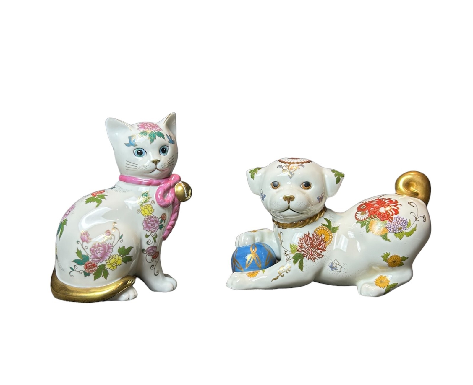 Franklin Mint Figurines Porcelain Satsuma Kitten Puppy VTG 24K Gold Japan 80s