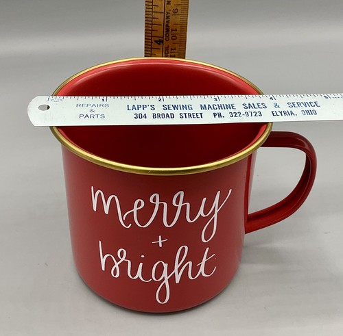 Christmas “Merry & Bright” Camping Mug Red Enamelware Metal Sweet Water Decor - Picture 6 of 8