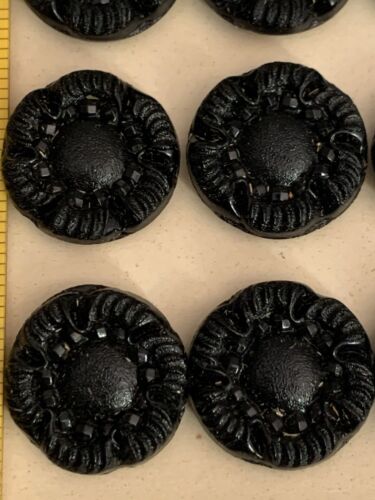12 Antique Vintage Black Glass Button Carved Flower West Germany 1" Inch Diamete - Picture 5 of 7