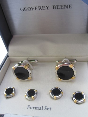 Geoffrey Beene Cufflinks and Studs, Silver/Gold-Tone w/ Onyx Centers