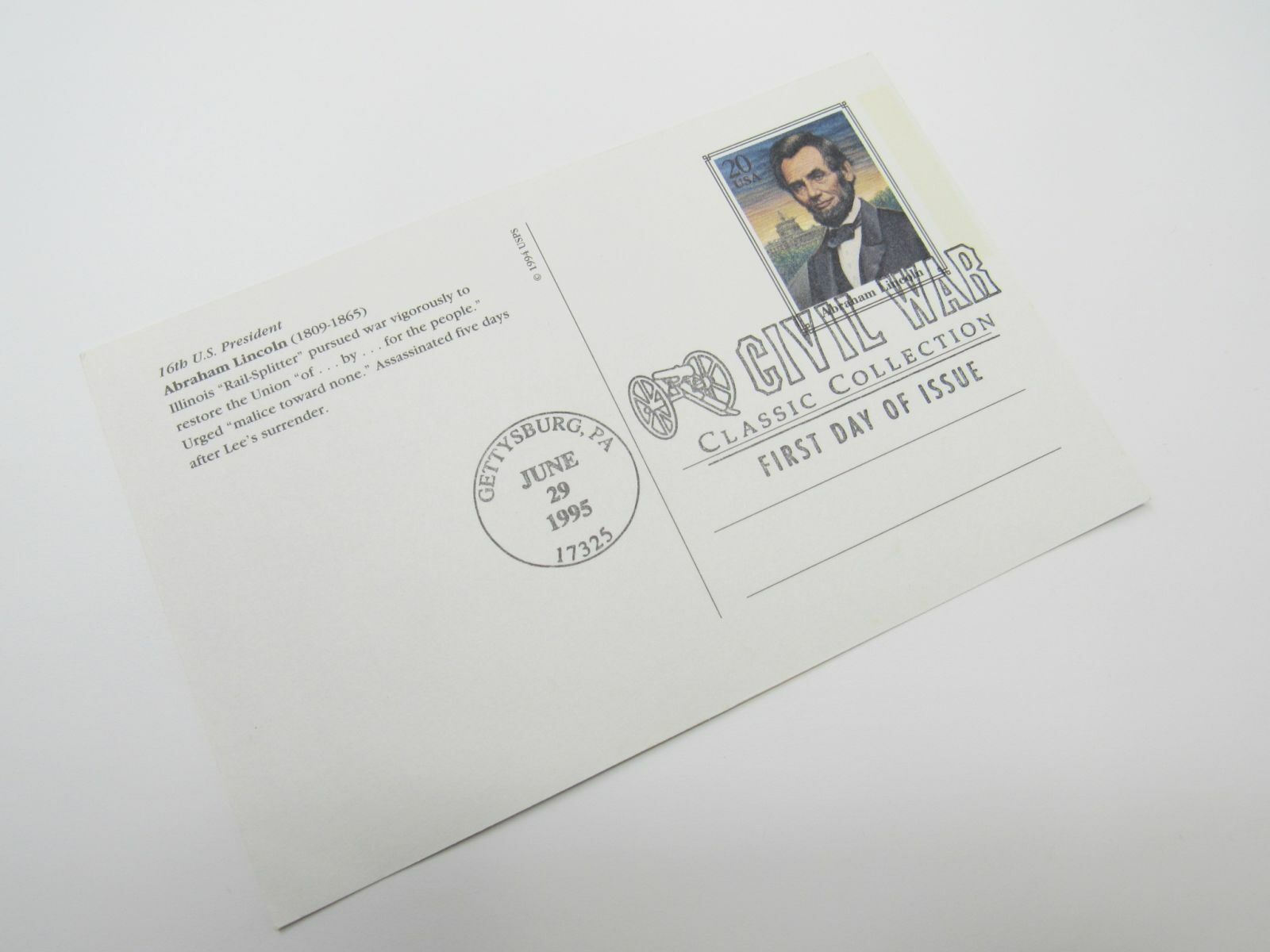 USPS Scott UX209 20c Abraham Lincoln First Day of Issue Postal Card