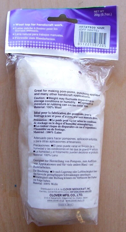 Clover 20 Grams Natural Wool Roving Off White 7920 New - Image 2 of 3