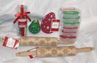 Holiday Time 2 Embossed Wooden Rolling Pins, a Timer, Cutters, Scraper & Tongs