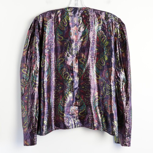A.J. Blusa Bari Formal Top Brillante Metálico Estampado Morado S M 6 Vintage Años 80 Retro - Imagen 2 de 8
