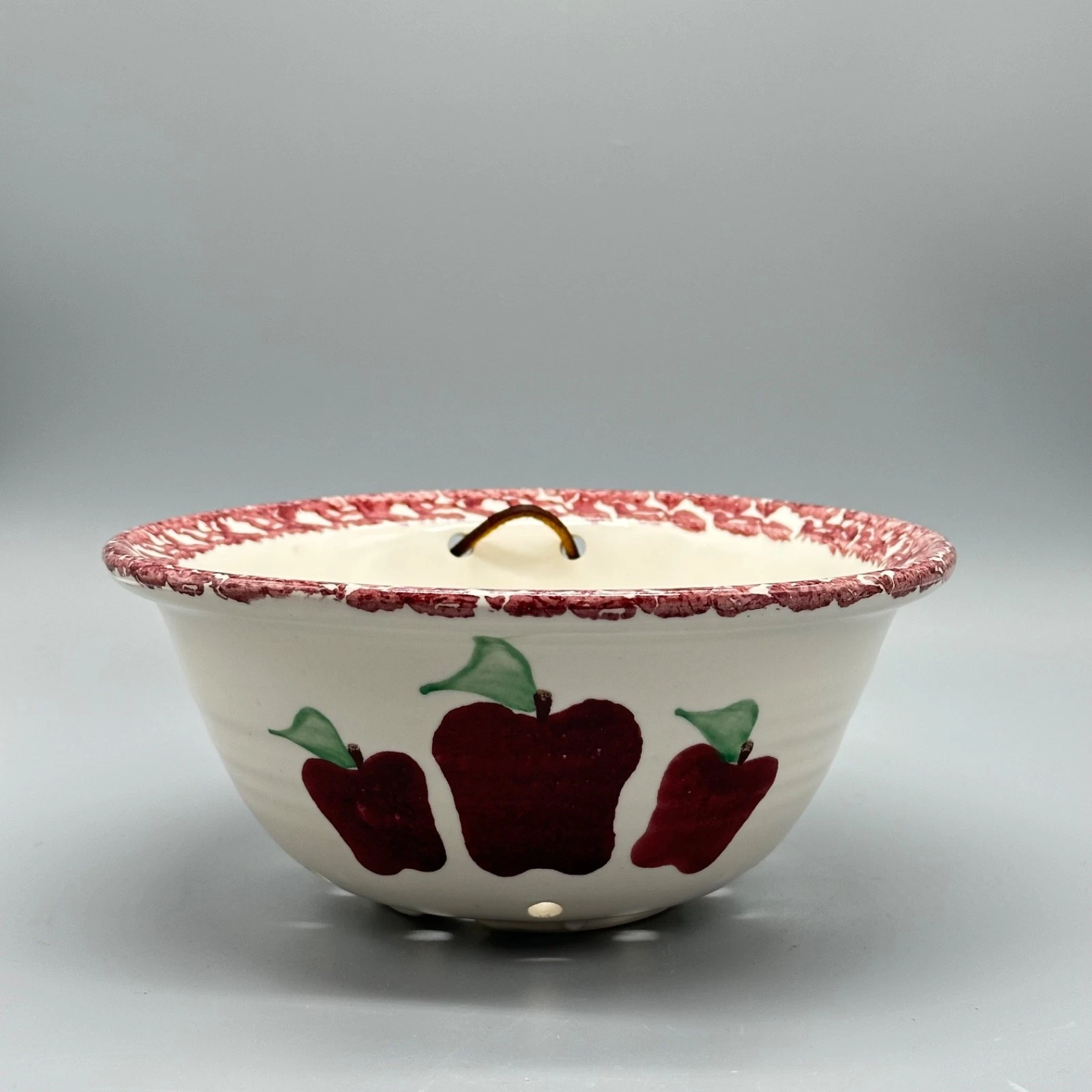 Vintage Neher Art Pottery Spongeware Apple Motif Berry Colander Bowl 7.5"