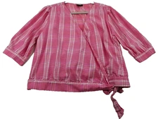 A.n.a Wrap Top Women's 2XL Pink Orange Plaid Crossover V Neck 3/4 Sleeve Cotton