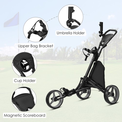 3-Wheel Foldable Golf Push Pull Cart Trolley w/ Adjustable Handle Grey - Picture 9 of 10