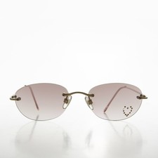 Heart Rhinestone Gray Rimless Lens Vintage Sunglasses - Dunya