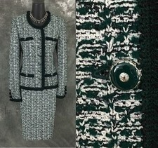 BEAUTIFUL St John collection knit green white fringe jacket skirt suit size 8