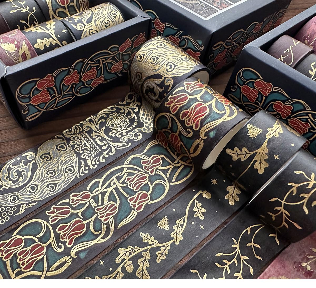 Vintage Washi Tape Set 6 Rolls Wide Retro Decorative Gold Foil Antique Patter...