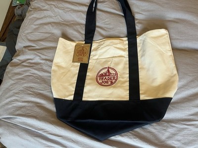 Trader Joe's Foldable Canvas Reusable Tote Bag white with Blue Straps - RARE