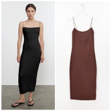 ENZA COSTA Silk Rib Essential Strappy Dress Womens Medium Brown Midi Silp NEW