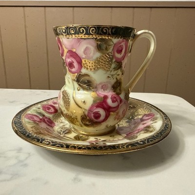 Antique Nippon Maple Leaf Chocolate Cup Saucer Pink Roses Gold Moriage READ