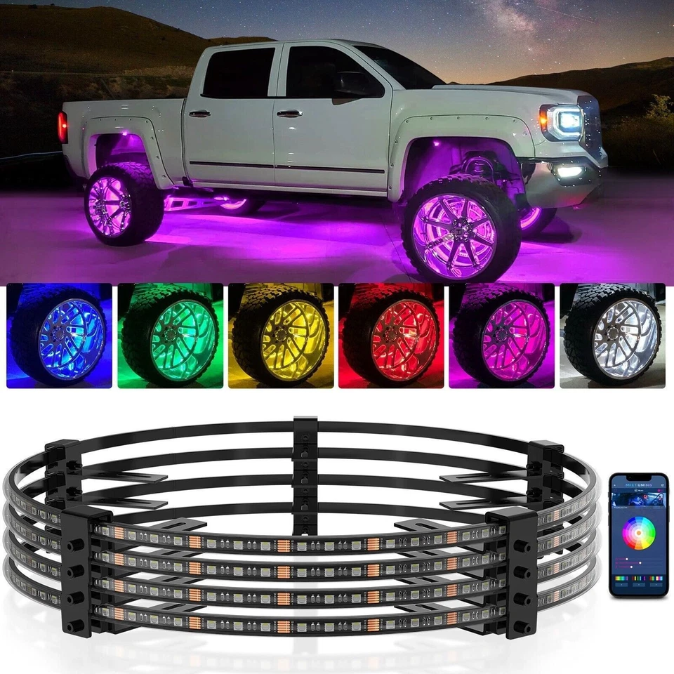4 Piezas 15.5" Pulgadas RGBW LED Anillo de Rueda Luces de Llanta de Rueda APP Coche Camioneta Foto 2 de 4