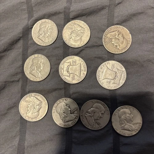 Franklin Half Dollars 1951-1961, 90% Silver, 1/2 Dollar, Lot of 10