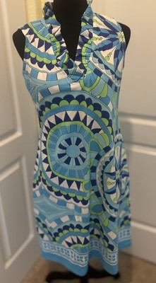 Amelia Quin Womens Dress Medium Blue Ruffle Neck  Vacation Resort Cruise Preppy