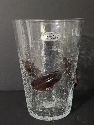 Beautiful Blenko #366 Clear Glass Mulberry Leaf Beaker Vase Crackle Glass W/ Tag