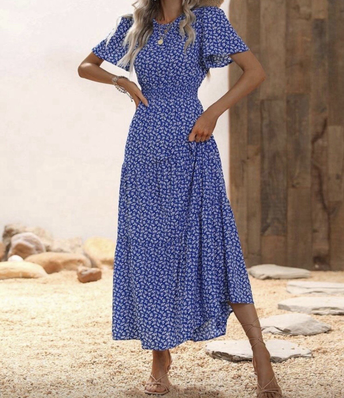 Blue Floral Maxi Dress with Short Flutter Sleeves, Pleated Accents, Round Neck