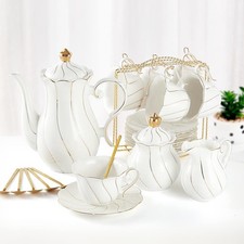 22 pcs White Porcelain Tea Set for 6, Luxury British Style Tea/Coffee Cup Set