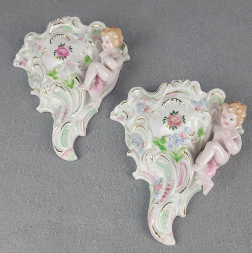 Vintage Pair Japan L & M Inc Cherub Porcelain Flower Cornucopia Wall Pocket Vase - Picture 2 of 15