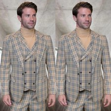 British Check Men's Suits Peak Lapel Formal Casual Wedding Tuxedo Coat Pant Vest