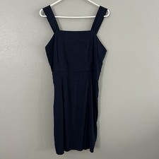 Halston Navy Blue Linen Blend Smocked Back A-Line Sleeveless Dress Size 8