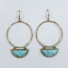 E0740 Retro Boho Turquoise Design Accent Circle Shape Drop Dangle Hook Earrings